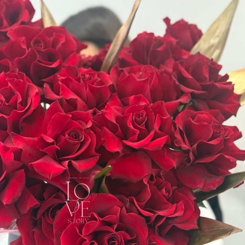 Роза Эксплоер с листьями в высокой коробке 2