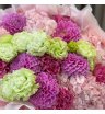 Букет с георгинами, эустомой и розой Кантри Блюз 1